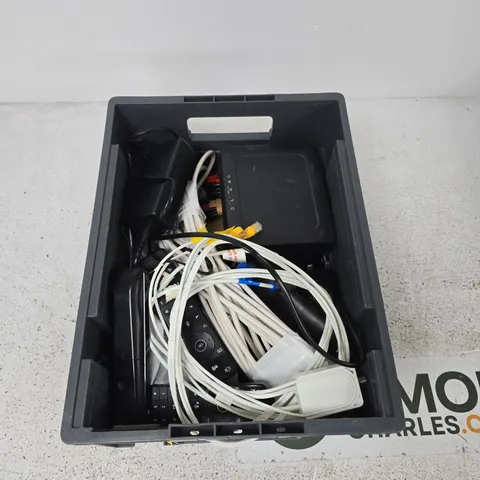 BOX CONTAINING A MIX OF APPROXIMATELY 15 ASSORTED ITEMS INCLUDING REMOTES, CHARGERS, CABLES ETC. 