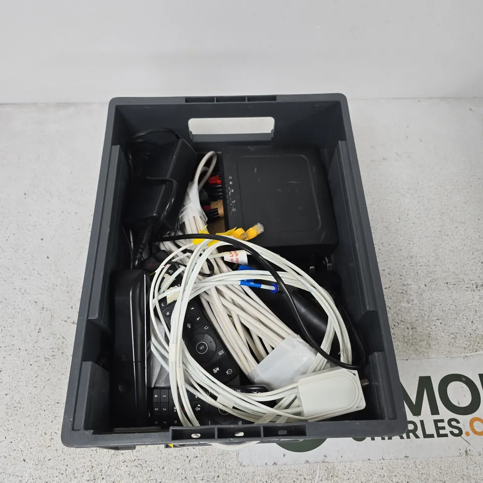 BOX CONTAINING A MIX OF APPROXIMATELY 15 ASSORTED ITEMS INCLUDING REMOTES, CHARGERS, CABLES ETC.