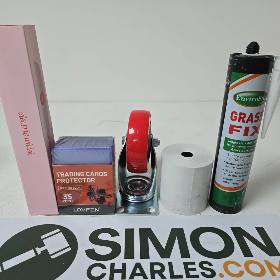 APPROXIMATELY 15 ASSORTED HOUSEHOLD PRODUCTS TO INCLUDE  TAPE DISPENSER, TRADING CARD PROTECTORS, TAPE ROLL, GRASS FIX ADHESIVE CAN