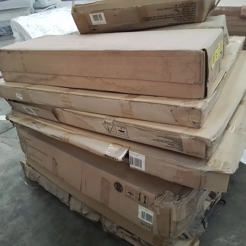 PALLET OF ASSORTED BOXED FURNITURE PARTS,INCLUDING TABLE TOPS, CONSOLE TABLE, TABLE PEDESTAL 