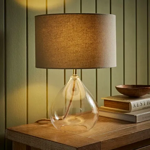 BOXED ELOISE NATURAL LINEN DRUM SHADE CLEAR GLASS TEARDROP TABLE LAMP 