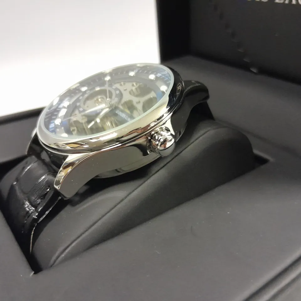 LOUIS LACOMBE BLUE SKELETON DIAL WATCH WITH STAINLESS STEEL CASE AND BLACK LEATHER STRAP IN GIFT BOX