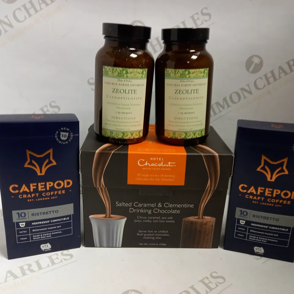 BOX OF APPROX 10 ITEMS TO INCLUDE ASSORTED CAFEPODS, HOT CHOCOLAT AND BOTTLE OF ZEOLITE