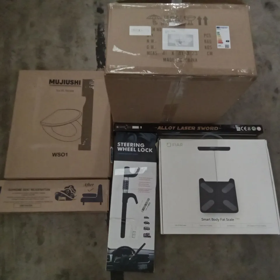 PALLET OF ASSORTED ITEMS INCLUDING STEERING WHEEL LOCK, ALLOY LASER SWORD, SMART BODY FAT SCALE, MUJIUSHI TOILET SEAT, SUPREME SEAT REJUENATUIN, CEILING LIGHT 