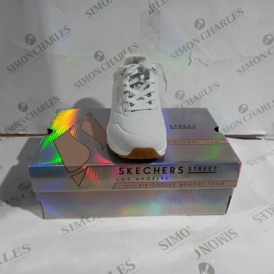 BOXED PAIR OF SKECHERS STREET SHOES WHITE/ROSE GOLD UK SIZE 6