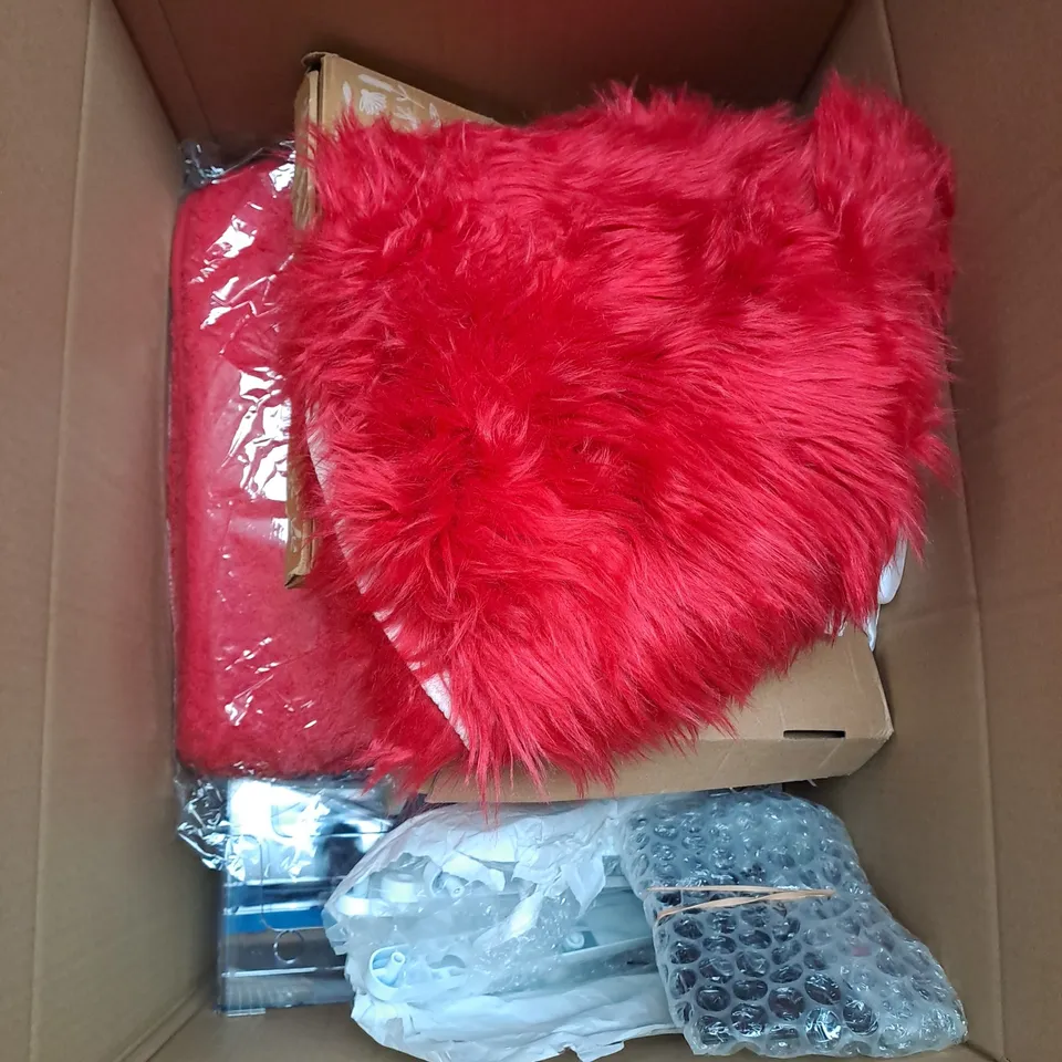 LARGE BOX OF ASSORTED HOUSEHOLD ITEMS TO INCLUDE TRAVEL BOTTLES, WALLPAPER AND YARNS OF WOOL