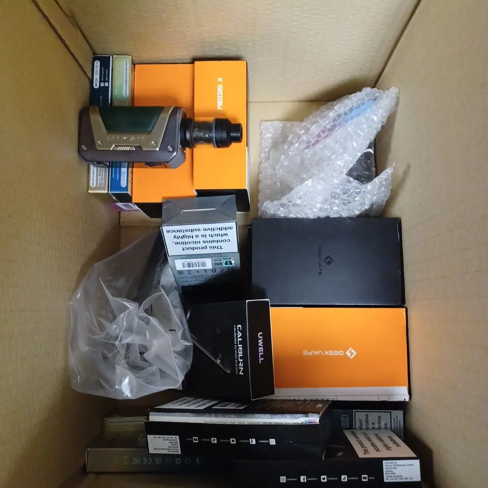 BOX OF APPROXIMATELY 30 E-CIGARETTE PRODUCTS TO INCLUDE GEEKVAPE L200, CALIBURN A2, OXVA XLIM SE ETC