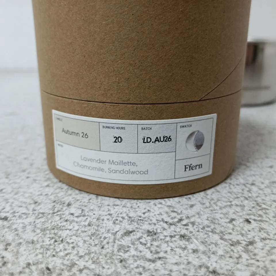 BOXED FFERN LAVENDER, CHAMOMILE & SANDALWOOD SCENTED CANDLE IN METAL TIN (90G)