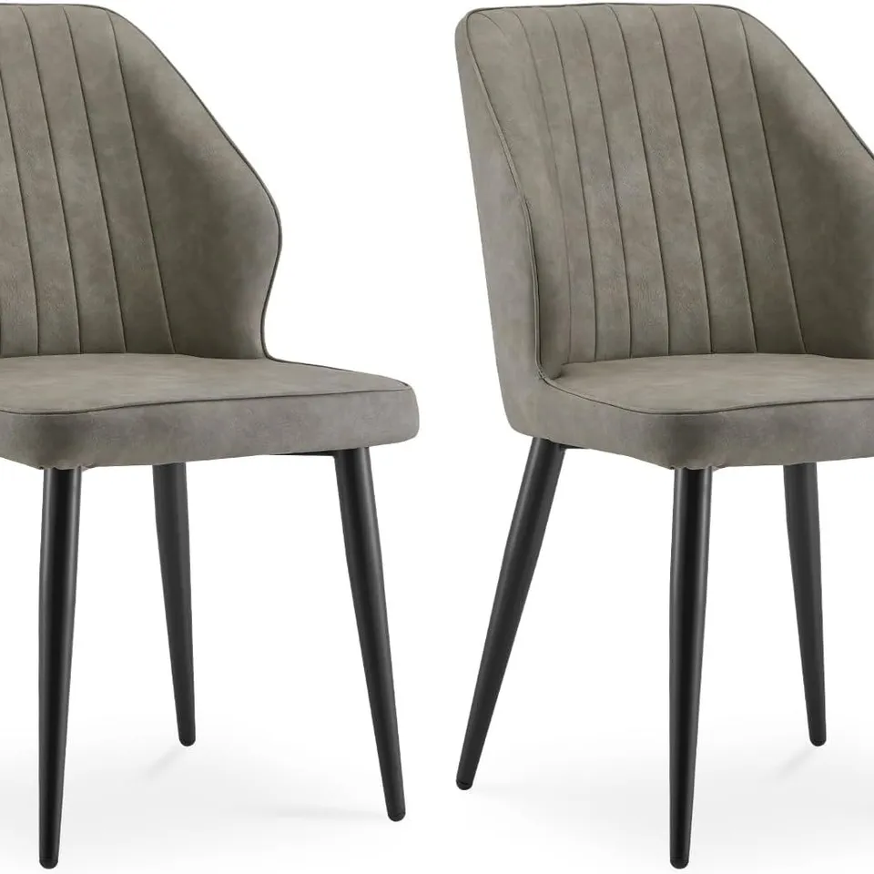 BOXED SET OF 2 DESIGNER FAUX LEATHER GREY DINING CHAIRS WITH BLACK METAL LEGS (1 BOX)