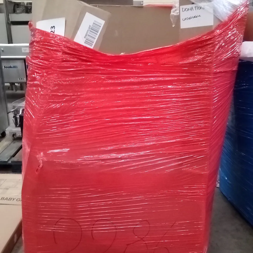PALLET OF ASSORTED ITEMS INCLUDING ALUMINIUM FRAME WHITE BOARD, INTELLIGENT FAN LIGHT, LEANING LADDER MIRROR, GOOD RETRACTABLE BABY GATE, ROUND LED MIRROR 