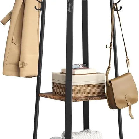 BOXED VASAGLE COAT RACK, COAT STAND WITH 3 SHELVES, LADDER SHELF WITH HOOKS FOR SCARVES, BAGS AND UMBRELLAS, STEEL FRAME, INDUSTRIAL STYLE, RUSTIC BROWN AND BLACK