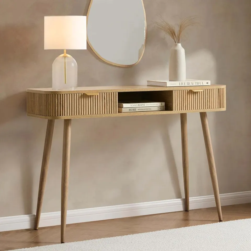 BOXED DUSK HATTIE STORAGE DRESSING TABLE CONSOLE - LIGHT WOOD (1 BOX)