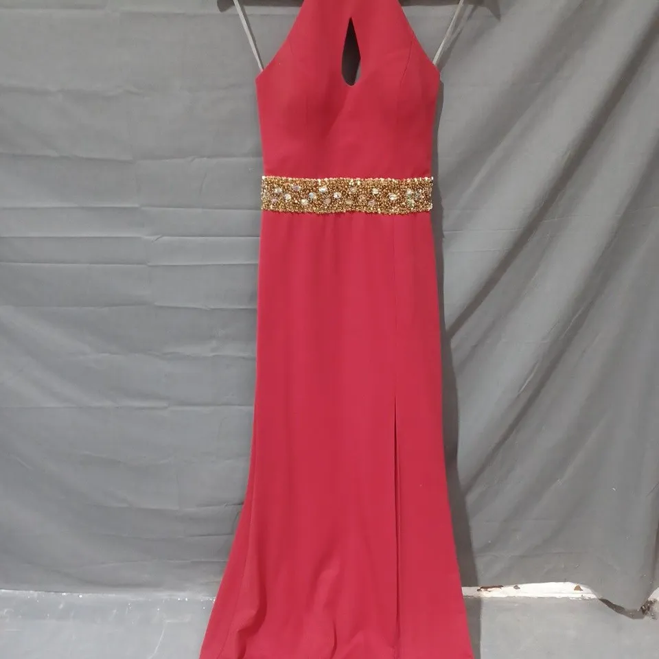 PIA MICHI HALTER NECK FAUX CRYSTAL DETAIL LONG DRESS IN RED - SIZE 36