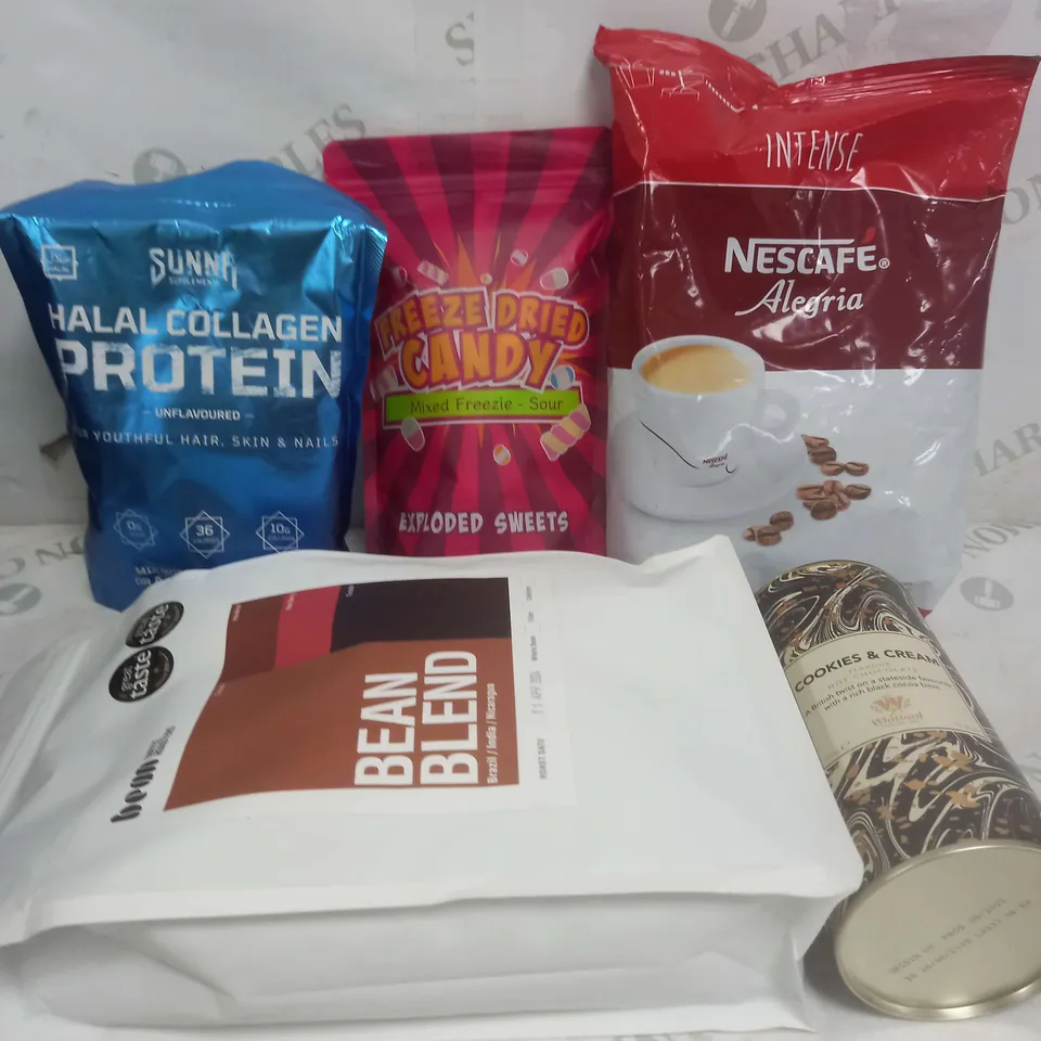 BOX OF APPROXIMATELY 10 ASSORTED COSMETIC ITEMS TO INCLUDE - NESCAFE ALGERIA, FREEZE DRIED CANDY, HOT CHOCOLATE ETC