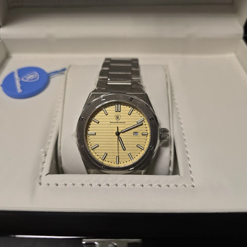 BOXED BERNARD REINHARDT YELLOW DIAL MENS CLASSIC WATCH 