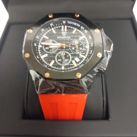 BOXED MENβS RUCKSTUHL CHRONOGRAPH R400 WATCH β SILVER COLOUR CASE β SILVER DIAL β 3ATM WATER RESISTANT β RED RUBBER STRAP
