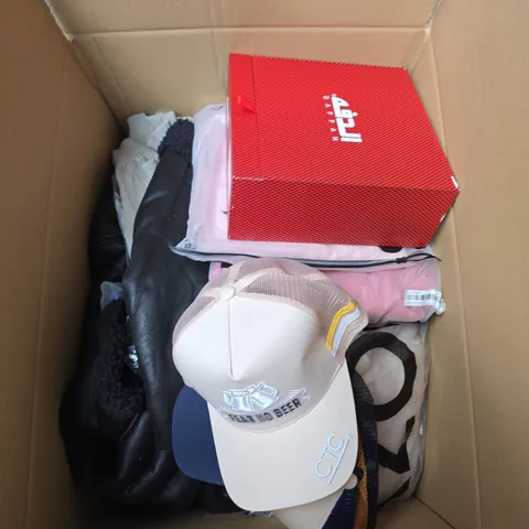 LARGE BOX OF APPROXIMATELY 20 ASSORTED CLOTHING ITEMS IN VARIOUS SIZES, STYLES AND COLOUR