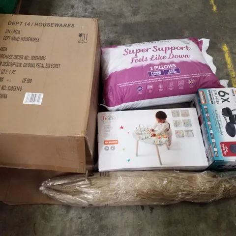 PALLET CONTAINING ASSORTED PRODUCTS INCLUDING PEDAL BIN, STRAW PARASOL, SCOVILLE COOKWARE SET, PILLOWS & WOODEN ACTIVITY TABLE