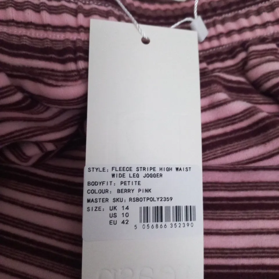 WOMEN'S BERRY PINK FLEECE STRIPE HIGH WAIST WIDE-LEG JOGGERS – UK 14