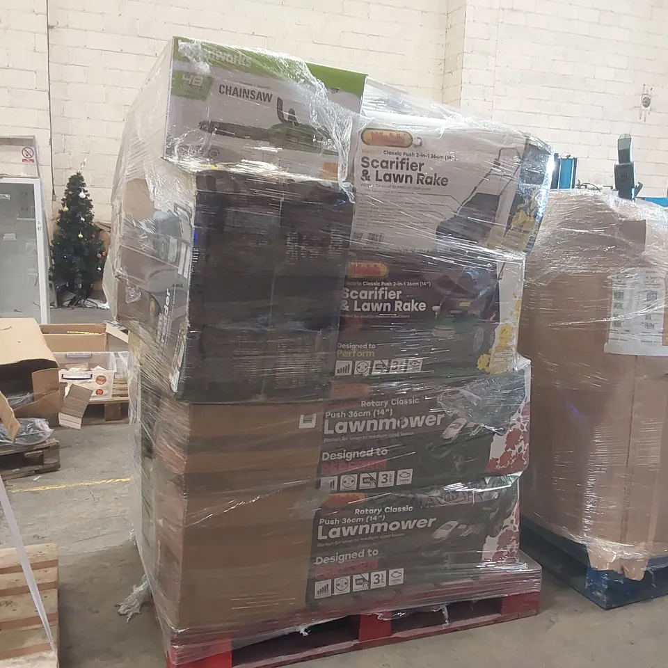 PALLET CONTAINING A VERY LARGE QUANTITY OF ASSORTED BOXED LAWN MOWERS AND OTHER ELECTRIC GARDEN TOOLS INCLUDING: SILENT SHREDDER, AXIAL BLOWER, CHAINSAW ECT