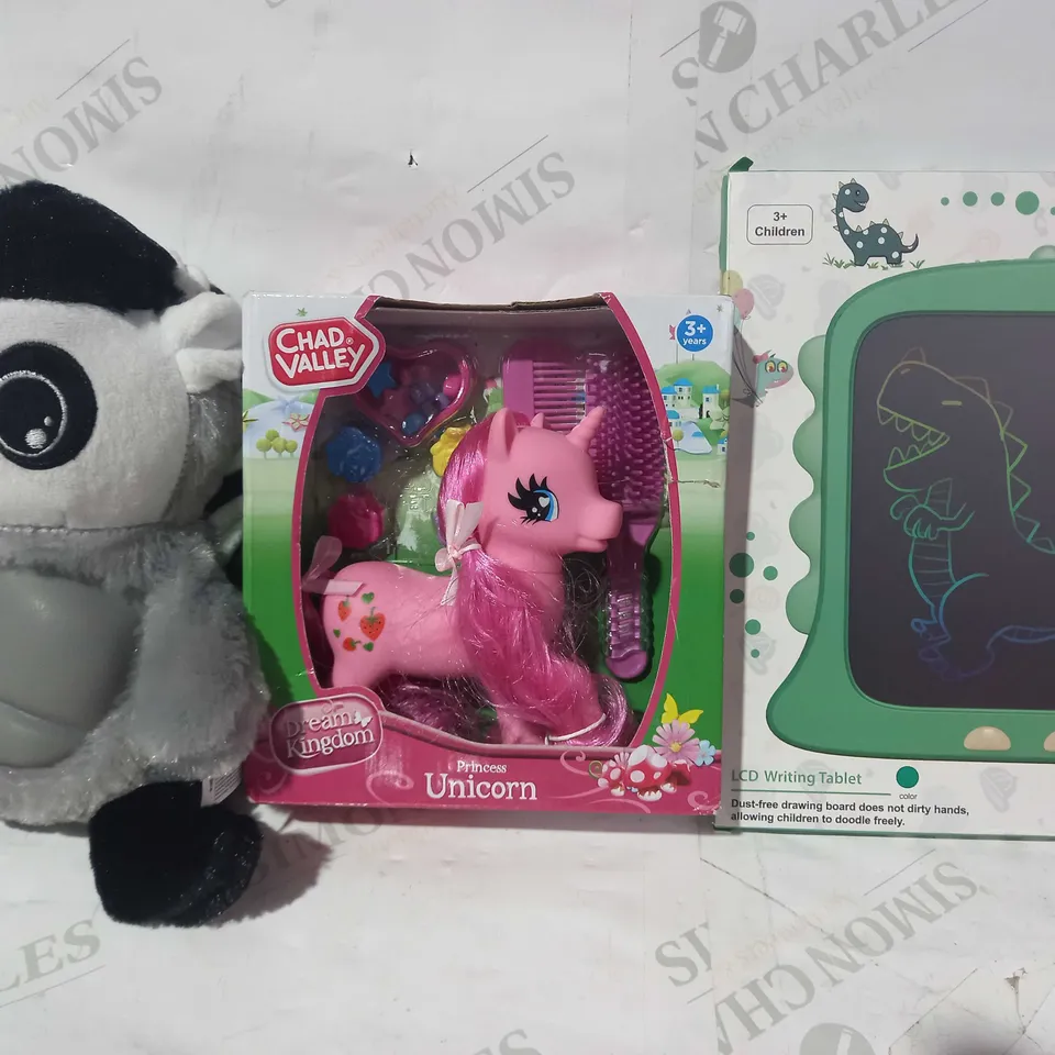BOX OF APPROXIMATELY 10 ASSORTED TOYS AND GAMES TO INCLUDE LCD WRITING TABLET, CHAD VALLEY DREAM KINGDOM PRINCESS UNICORN, PET COLLECTION SAFARI ROPE TOY, ETC