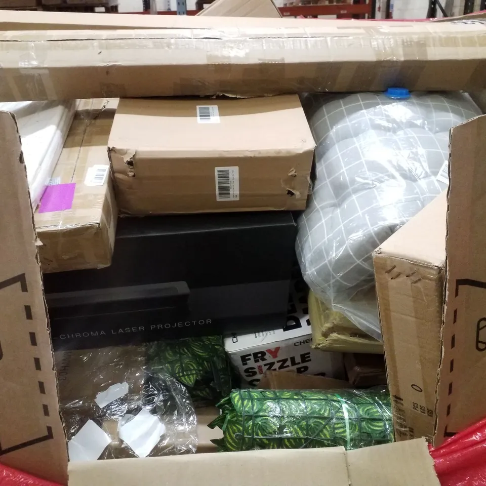 PALLET CONTAINING ASSORTED PRODUCTS INCLUDING SPORTING SCOOTER, RETRACTABLE  SAFETY GATE, AIR SUSPENSION STRUT, BARBELL SPOTTER ARMS & 4K TRI-CHROMA LASER PROJECTOR