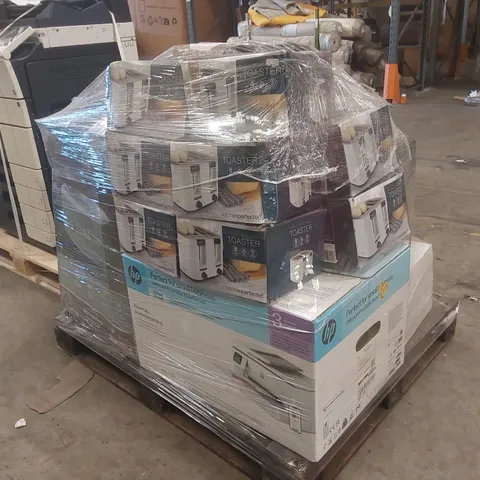 PALLET CONTAINING A VERY LARGE QUANTITY OF ASSORTED ITEMS INCLUDING: TOASTERS, HP OFFICEJET PRO PRINTER, CLEVERSPA HOT TUB, SONY CYBERSHOT CAMERA, OFFICE TELEPHONES ECT