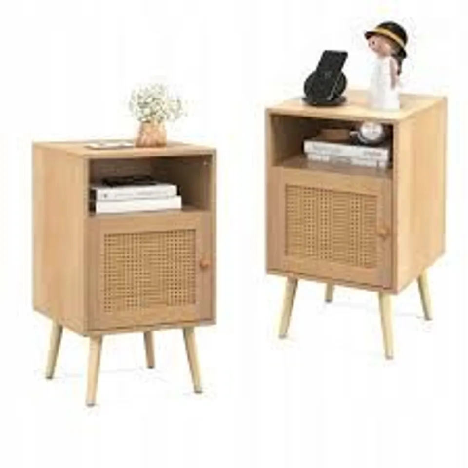 BOXED COSTWAY RATTAN BEDSIDE TABLES WITH STORAGE SPACE, OPEN SHELF AND DOOR, FARMHOUSE STYLE - NATURAL