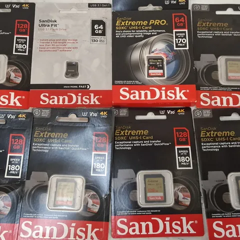 LOT OF 8 ASSORTED SANDISK MEMORY ITEMS TO INCLUDE 128GB SDXC UHS-I CARDS AND USB 3.1 FLASH DRIVE