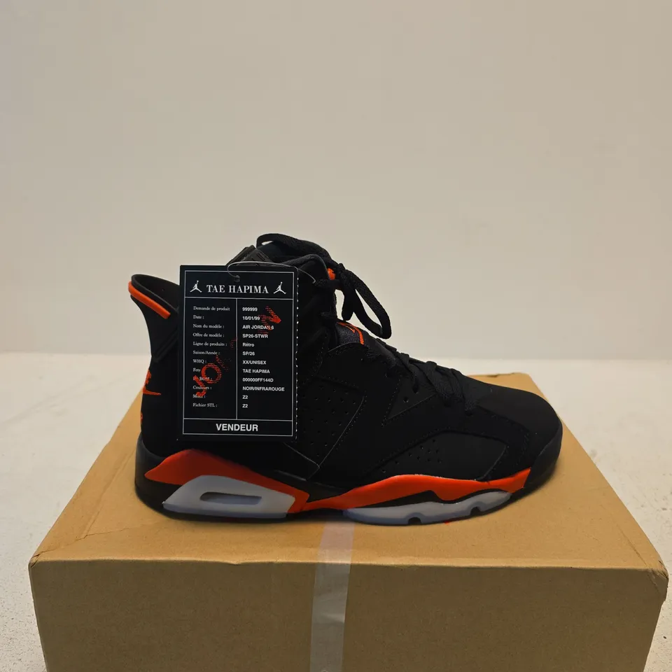 AIR JORDAN 6 RETRO SNEAKERS – BLACK/CRIMSON, UK 9 (US 11.5) – BOXED