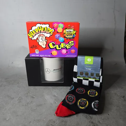 SET OF 3 ASSORTED ITEMS TO INCLUDE - WARHEADS CUBES , AMG F1 MUG , TYRE ETC