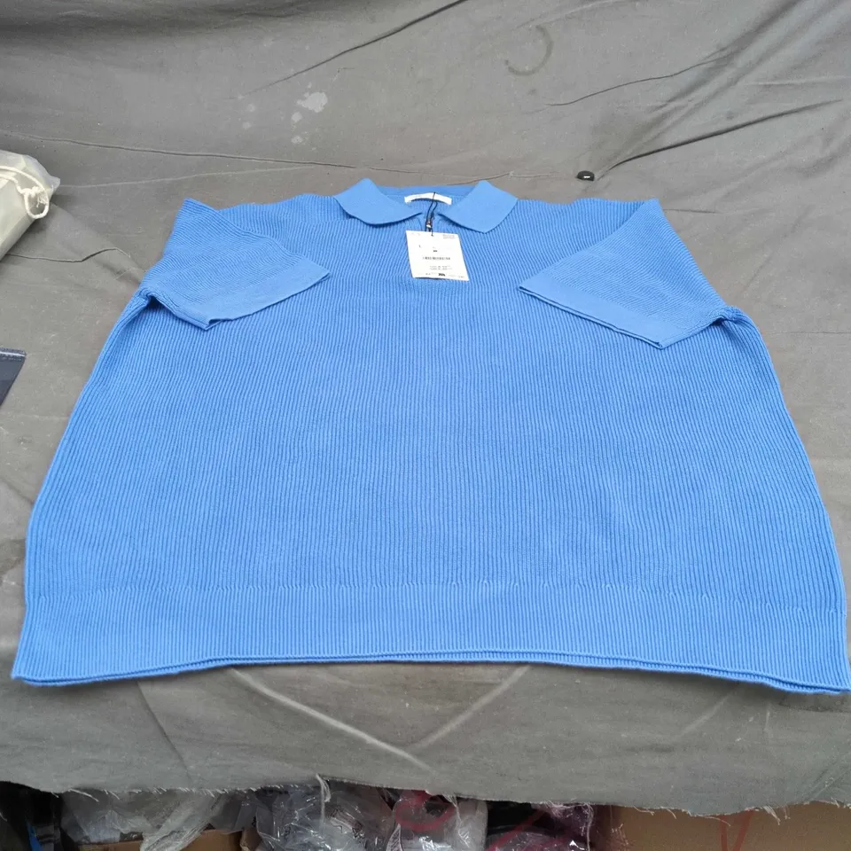 ZARA BLUE KNIT POLO TOP - LARGE 