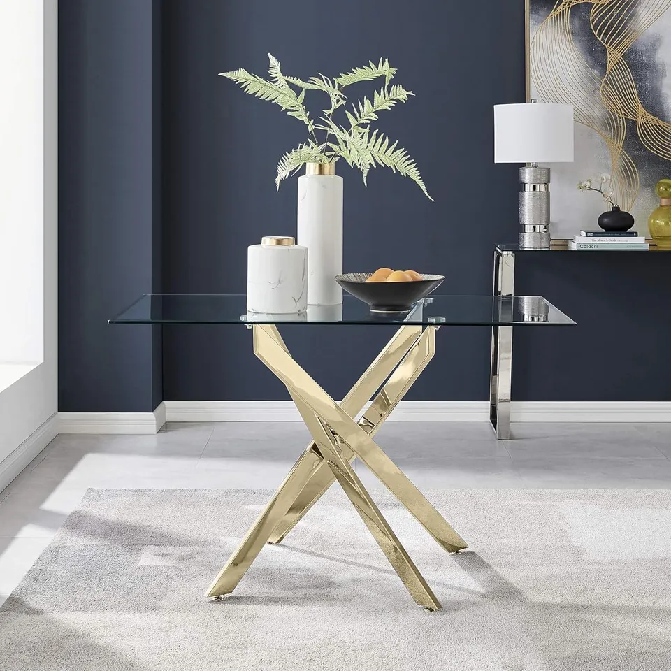 BOXED FURNITUREBOX UK LEONARDO 4 CLEAR GLASS AND GOLD METAL MODERN STYLISH RECTANGULAR DINING TABLE (2 BOXES)