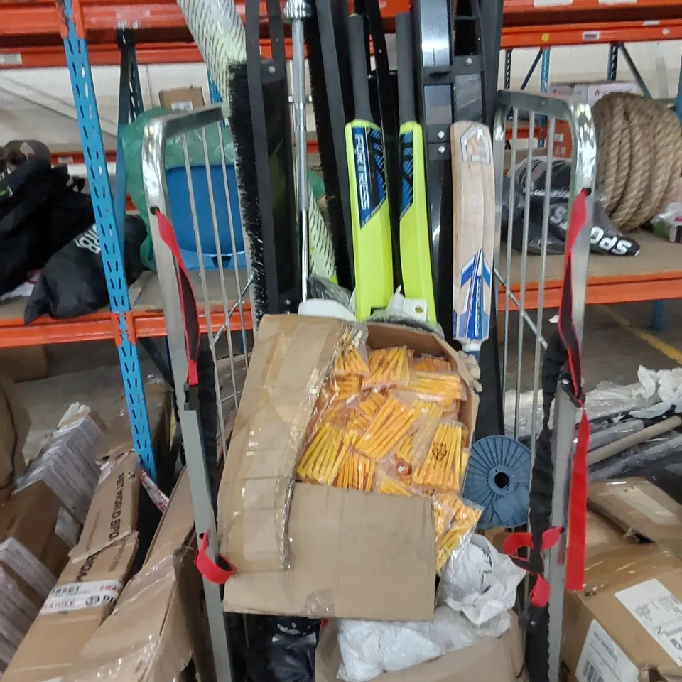 CAGE OF ASSORTED SPORTING PARTS TO INCLUDE SPORT BIBS, NET PEGS, AND CRICKET BATS ETC.