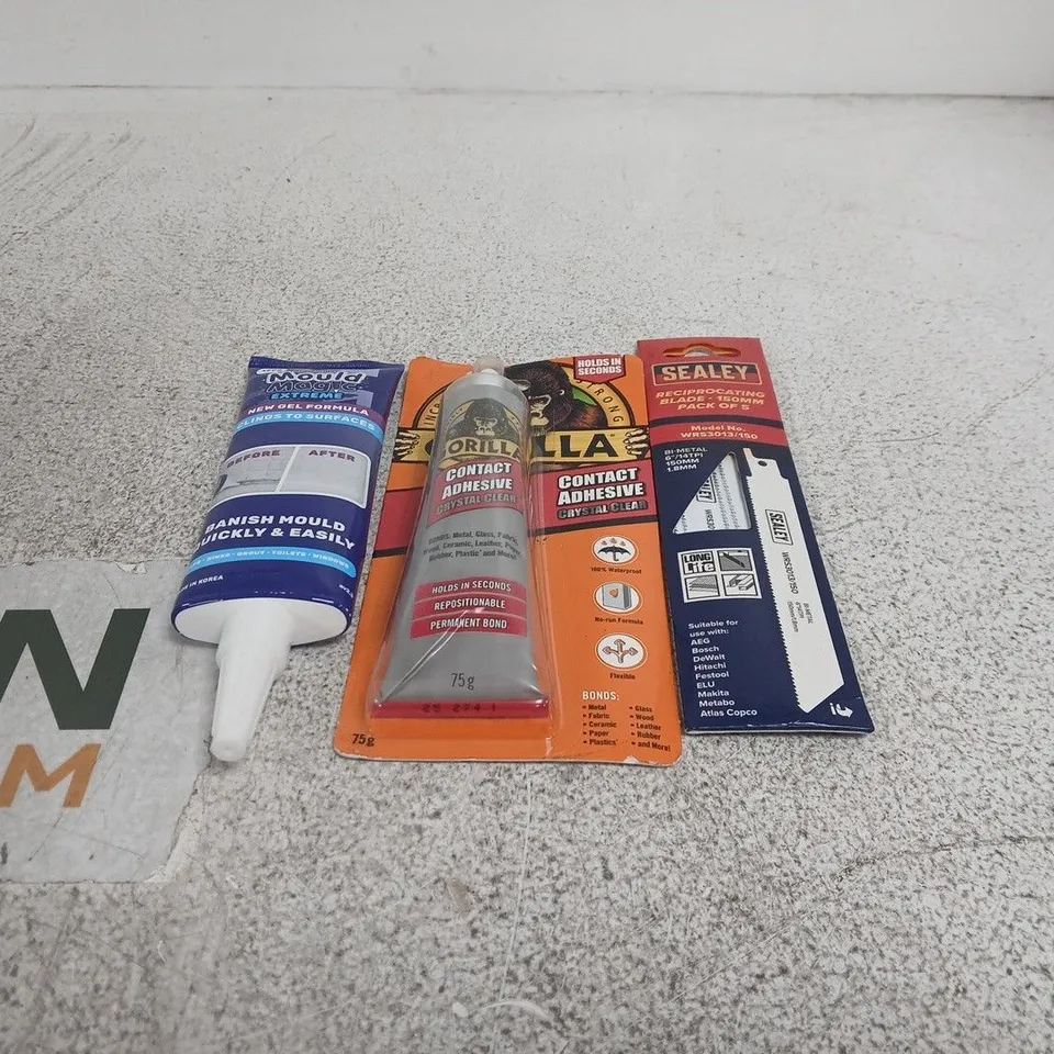 TOTE OF APPROXIMATELY 20 ASSORTED ITEMS TO INCLUDE SEALEY RECIPROCATING BLADE PACK, GORILLA CONTACT ADHESIVE, MOULD MAGIC EXTREME ETC