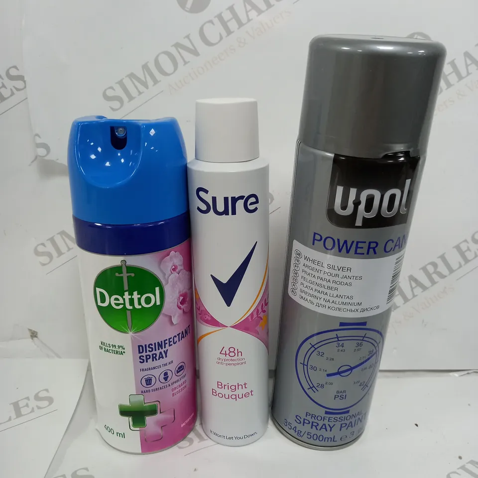 BOX OF APPROX 15 ASSORTED AEROSOLS TO INCLUDE -DETTOL DISINFECTANT SPRAY - SURE BRIGHT BOUQUET - UPOL SPRAY PAINT 