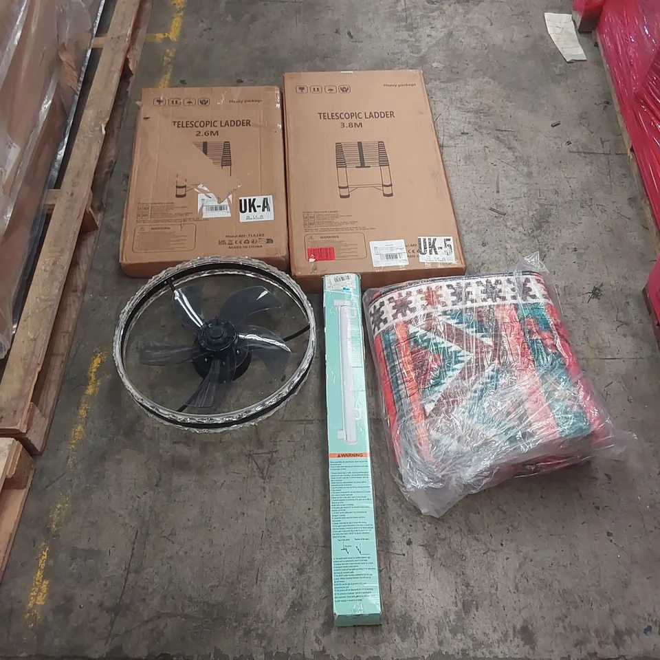 PALLET OF ASSORTED ITEMS INCLUDING: TELESCOPIC LADDERS, FAN LIGHT, RETRACTABLE GATE, RUG ECT