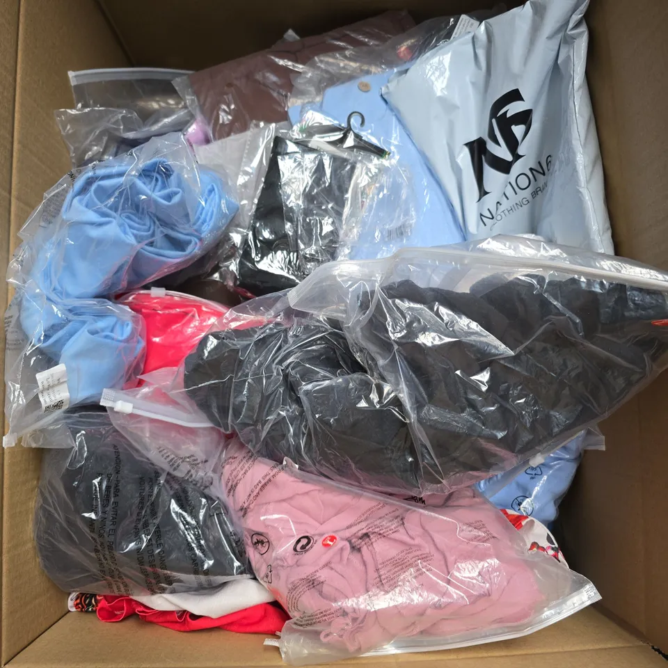 BOX OF APPROXIMATELY 20 ASSORTED CLOTHING ITEMS TO INCLUDE DRESSES, BOXERS, TSHIRT, ETC