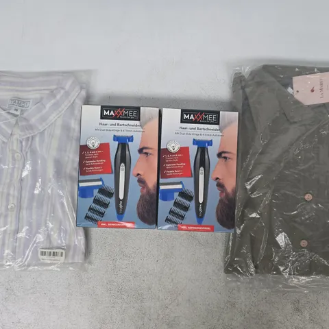 BOX OF APPROXIMATELY 15 ASSORTED HOUSEHOLD ITEMS TO INCLUDE CLOTHING IN VARIOUS STYLES AND SIZES, HAIR TRIMMER, ETC