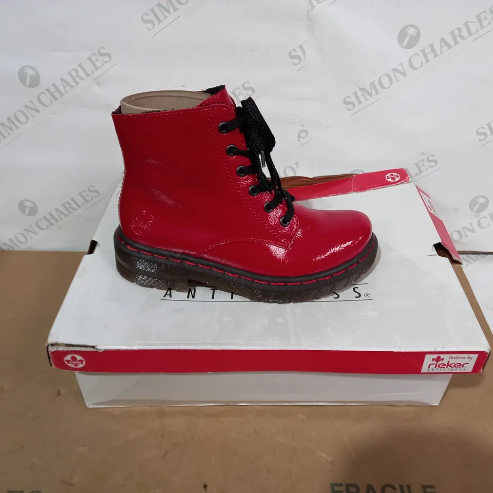 BOXED PAIR OF RIEKER RED BOOTS- SIZE 36