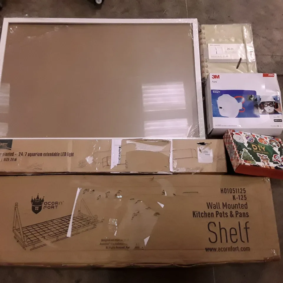 PALLET OF ASSORTED PRODUCTS INCLUDING AQUARIUM EXTENDABLE LED LIGHT, MOLESKINE WEEKLY & MONTHLY PLANNER, FACE MASKS, WALL MOUNTED KITCHEN POTS & PANS STORAGE