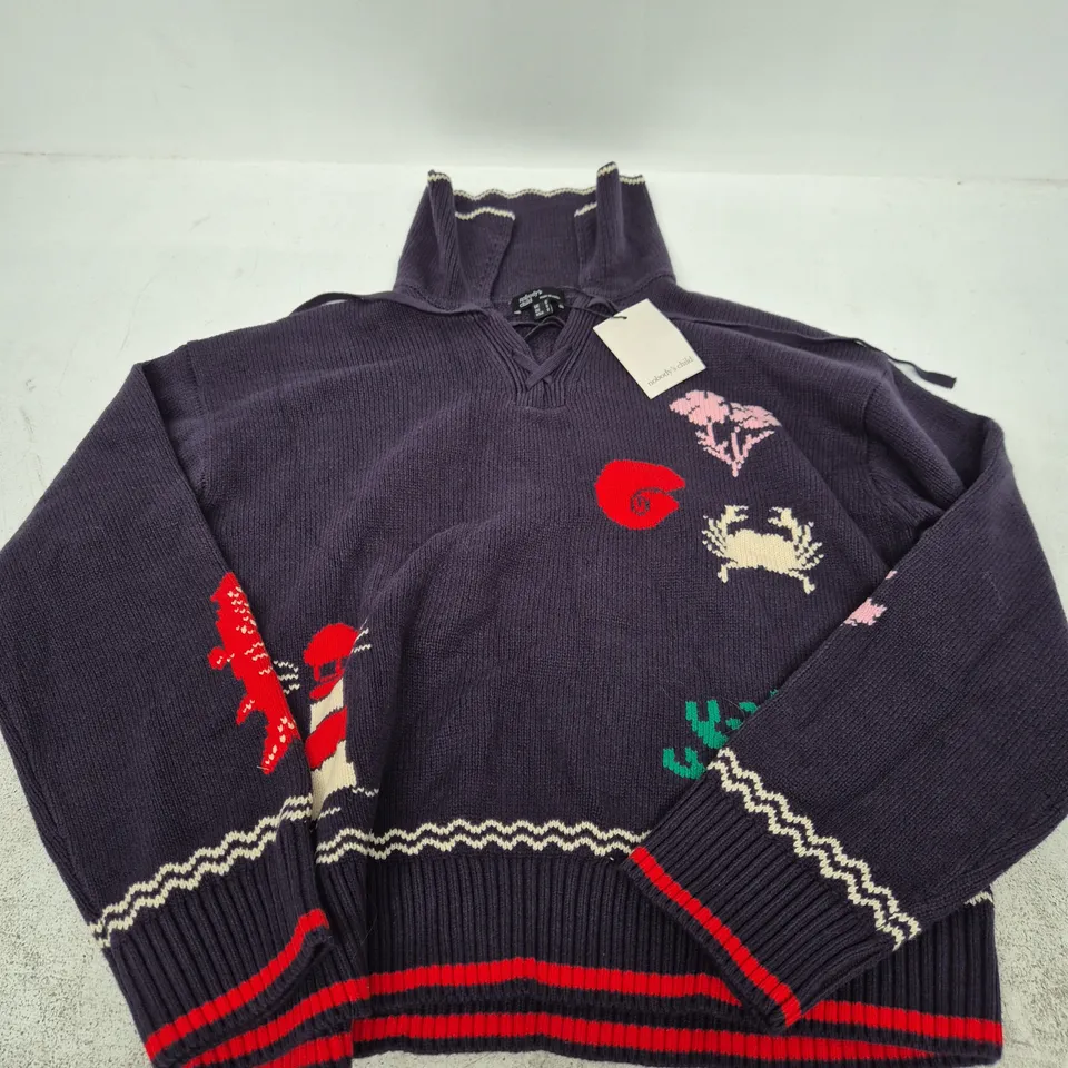 NOBODY'S CHILD SEASCAPE MOTIF JUMPER – NAVY KNIT, UK S