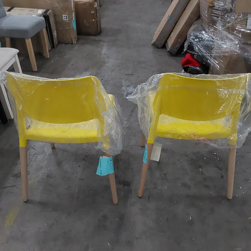 DESIGNER PLASTIC AND WOOD DINING CHAIRS, YELLOW - SET OF 2