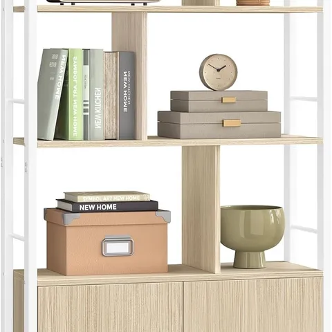BOXED VASAGLE LARGE BOOKCASE WITH DOORS, 4 SHELVES, STABLE STEEL STRUCTURE, NATURAL BEIGE AND CLOUD WHITE