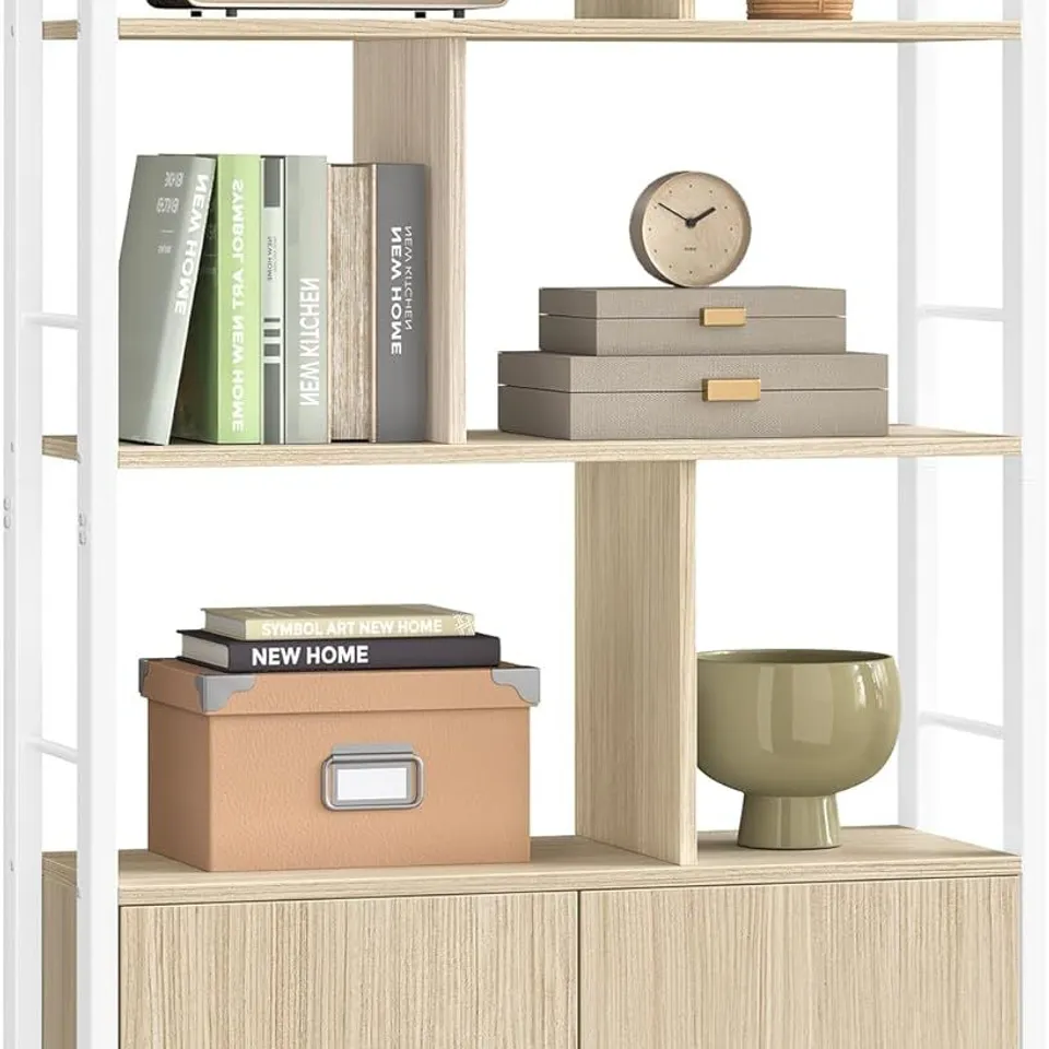 BOXED VASAGLE LARGE BOOKCASE WITH DOORS, 4 SHELVES, STABLE STEEL STRUCTURE, NATURAL BEIGE AND CLOUD WHITE