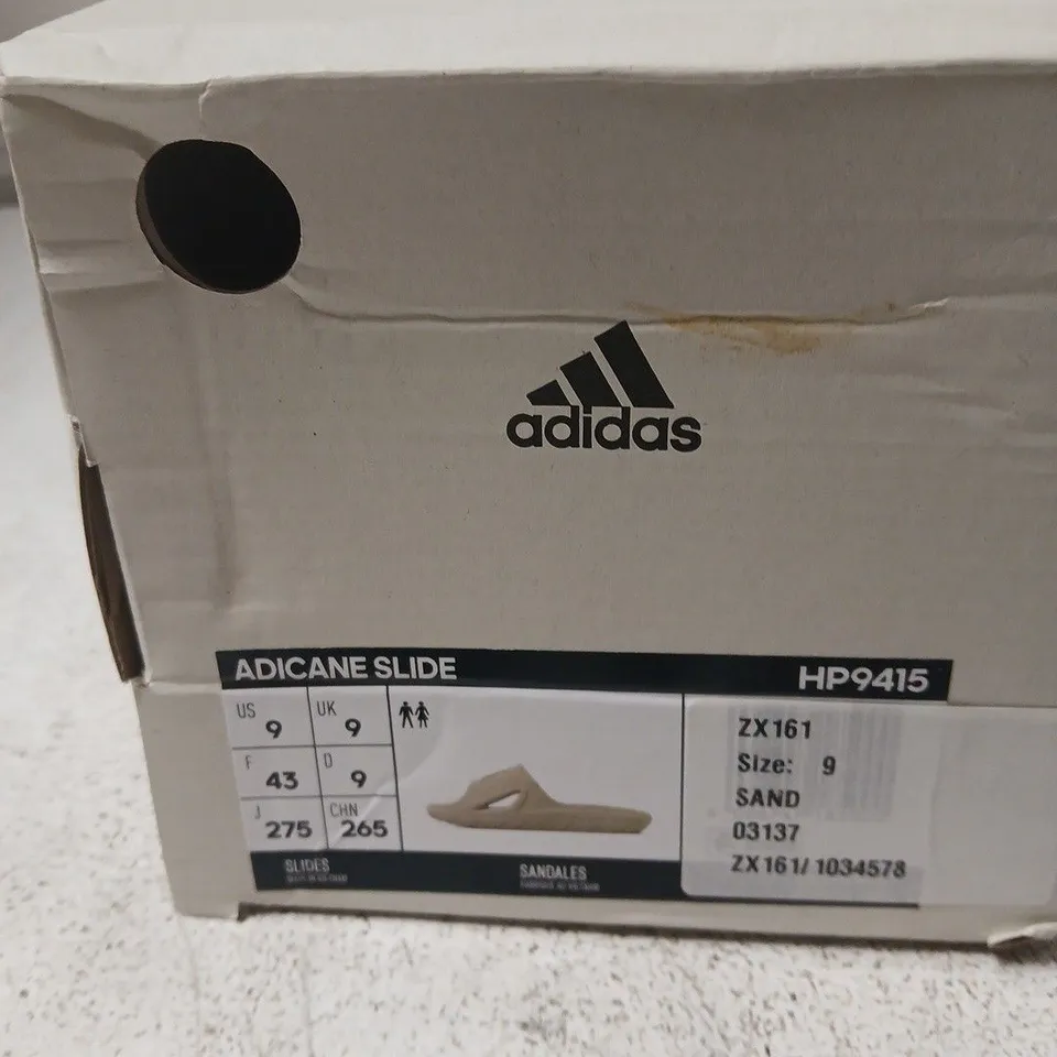 BOXED ADIDAS ADICANE SLIDE SANDALS – SAND, UK 9 (US 9)