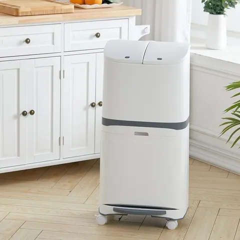 BOXED AMMON PLASTIC STEP ON MULTI-COMPARTMENT RUBBISH & RECYCLING BIN - WHITE/GREY 