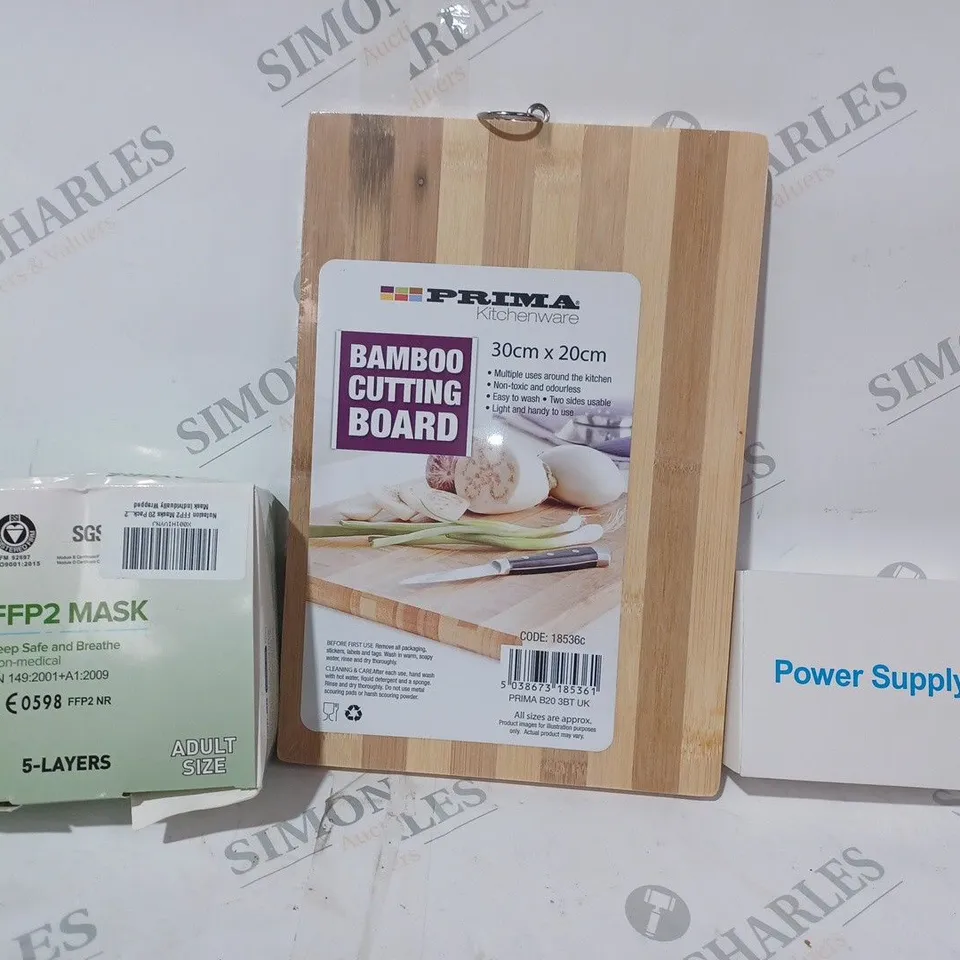 BOX OF APPROXIMATELY 20 ASSORTED HOUSEHOLD ITEMS TO INCLUDE POWER SUPPLY, BAMBOO CUTTING BOARD, FFP2 MASK, ETC