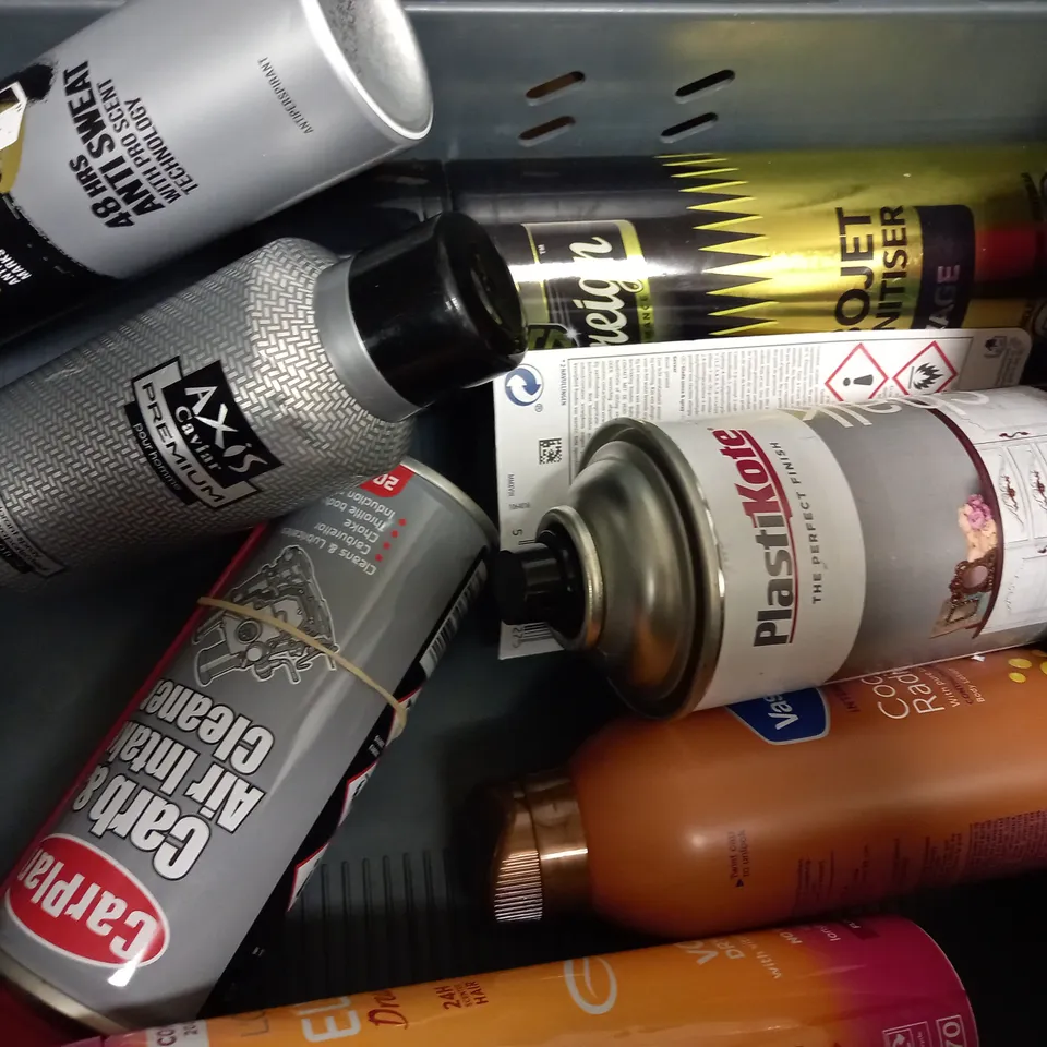 BOX OF APPROX 12 ASSORTED AEROSOLS TO INCLUDE TRESEMME HAIRSPRAY, FLEA KILLER, PAINT FACTORY STOVE PAINT, ETC