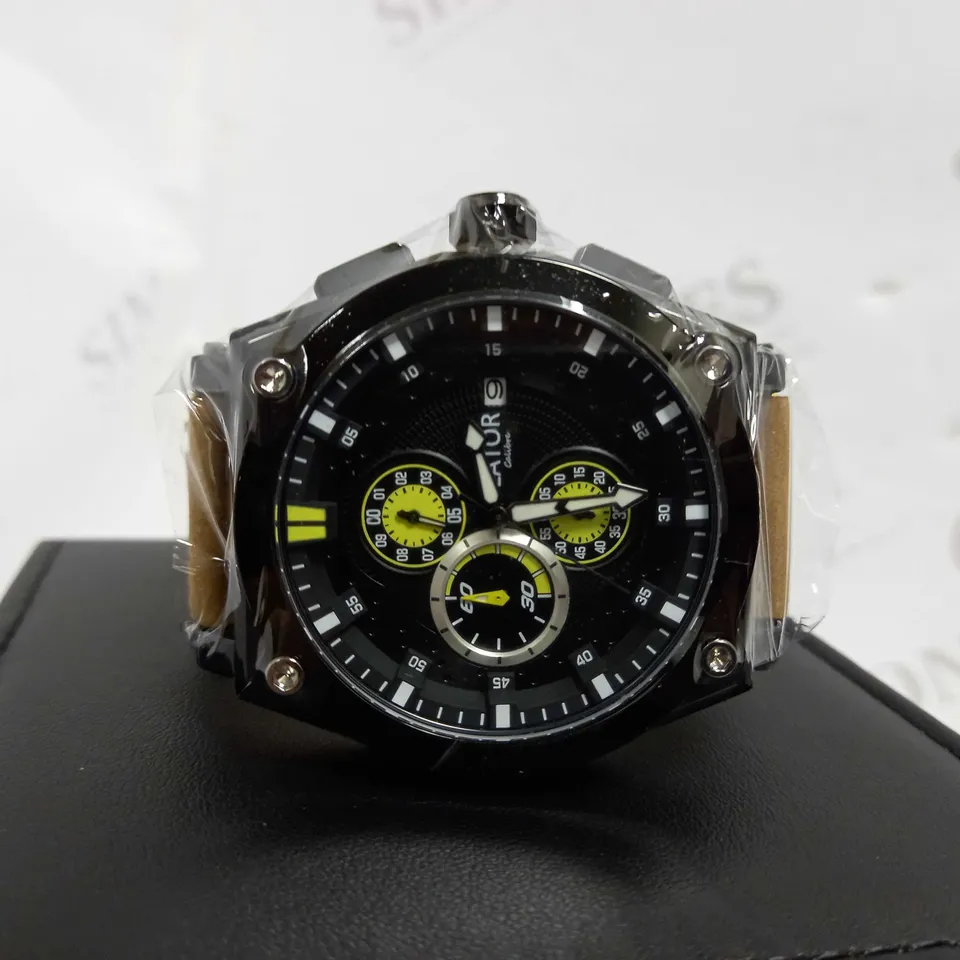 LATOR CALIBRE BLACK & YELLOW CHRONOGRAPH STYLE LEATHER STRAP WATCH RRP £635